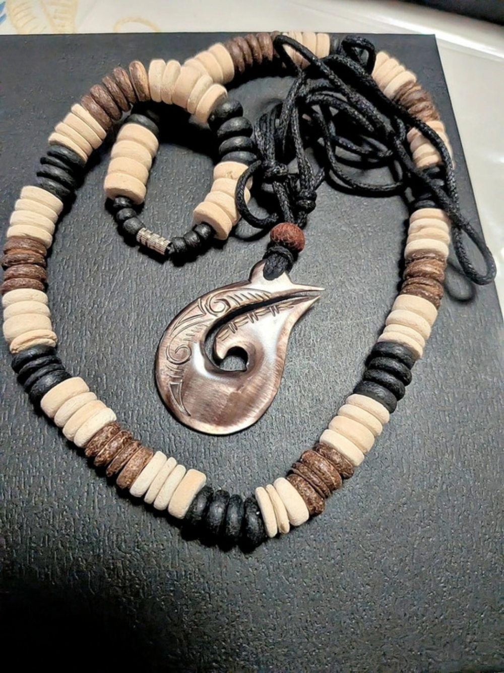 2pc Mens/Unisex Beach Surfer Wood Bead Necklace Set • Hei Matau Fish Hook